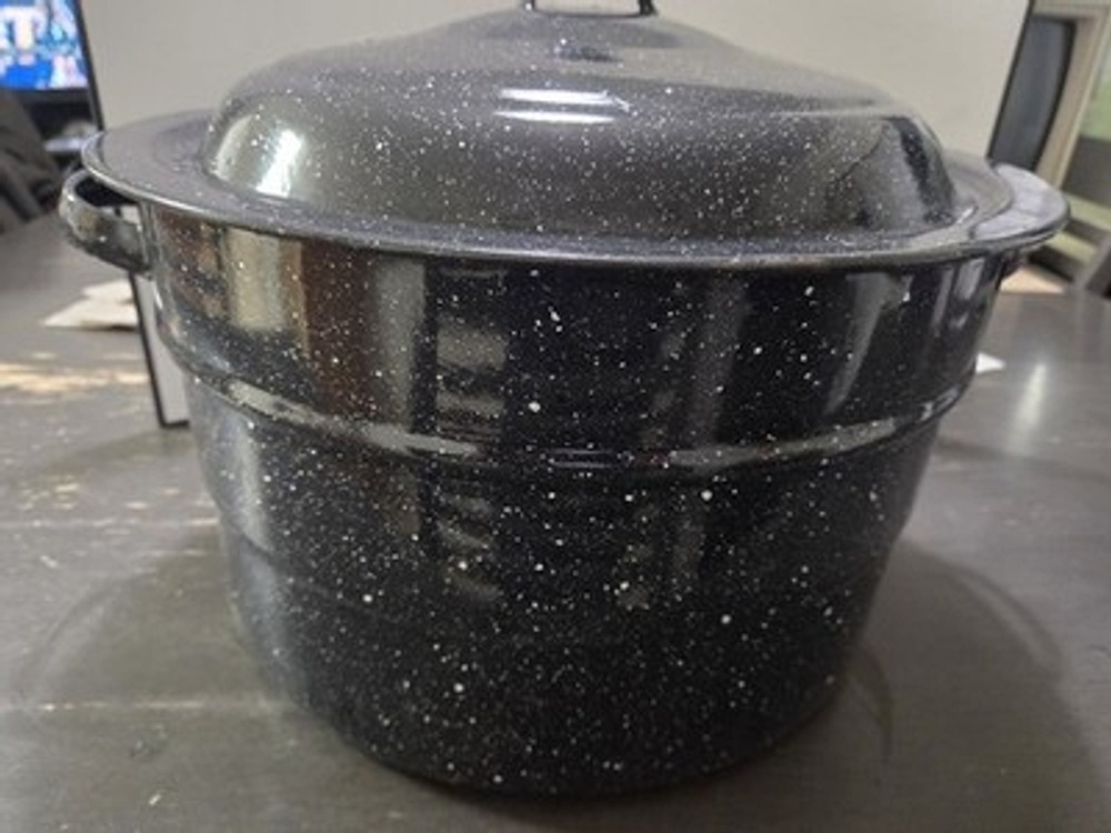 VTG Black Blue Speckled Graniteware XL Enamelware Round Stock Pot Canning Boiler